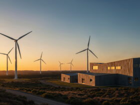 Wind turbines near a modern building at sunset on a flat, grassy landscape.