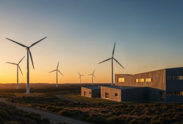 Wind turbines near a modern building at sunset on a flat, grassy landscape.