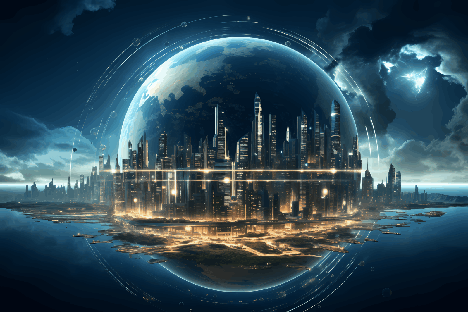 Futuristic city under a transparent dome with glowing skyscrapers and curved light rings around the dome area.