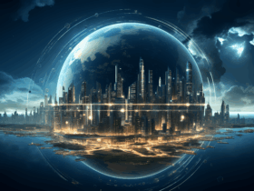 Futuristic city under a transparent dome with glowing skyscrapers and curved light rings around the dome area.