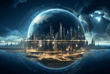 Futuristic city under a transparent dome with glowing skyscrapers and curved light rings around the dome area.