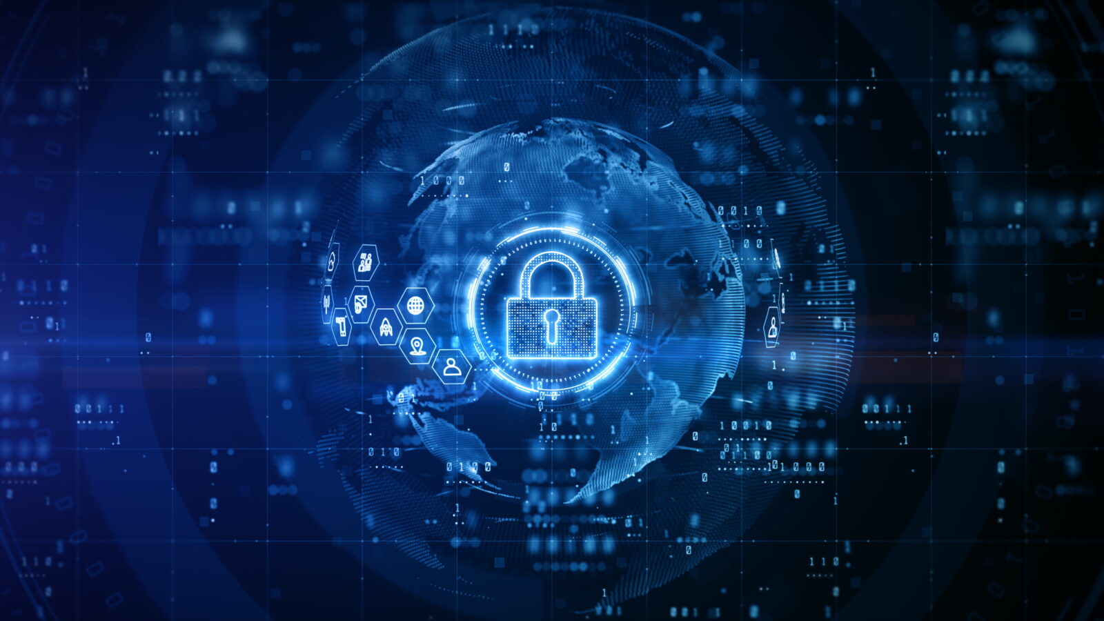 Glowing blue globe surrounded by a digital lock and data icons, symbolizing cybersecurity and online privacy.