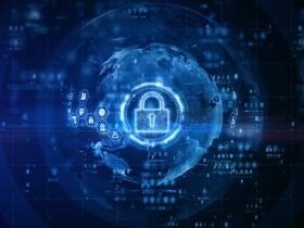 Glowing blue globe surrounded by a digital lock and data icons, symbolizing cybersecurity and online privacy.