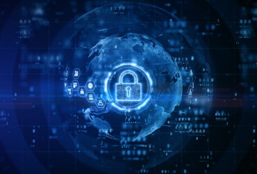 Glowing blue globe surrounded by a digital lock and data icons, symbolizing cybersecurity and online privacy.