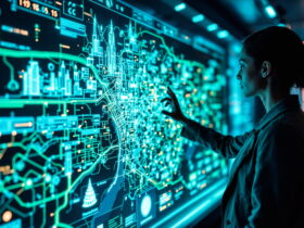 Woman in a dark lab coat touches a giant glowing data dashboard filled with cyan charts and circuits.