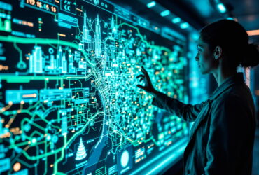 Woman in a dark lab coat touches a giant glowing data dashboard filled with cyan charts and circuits.