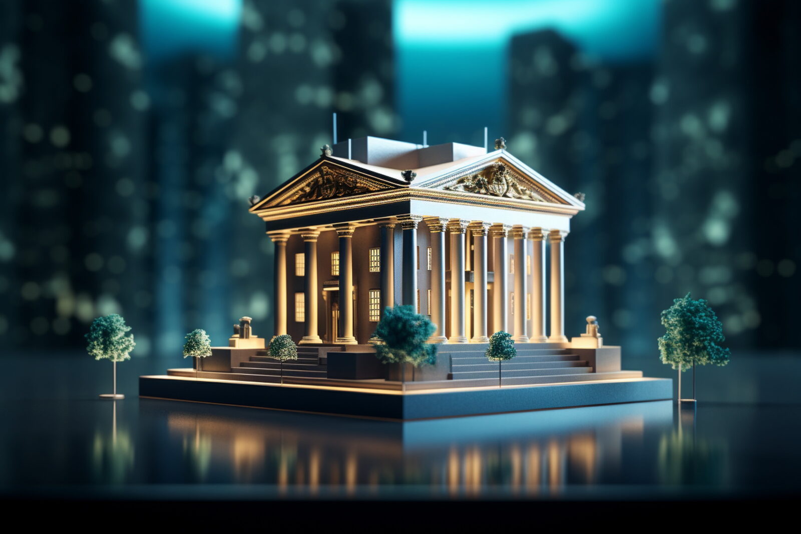 Scale model of a neoclassical temple with tall columns and ornate pediment on a stepped platform, blurred city lights in the background.
