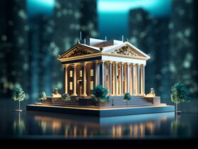 Scale model of a neoclassical temple with tall columns and ornate pediment on a stepped platform, blurred city lights in the background.
