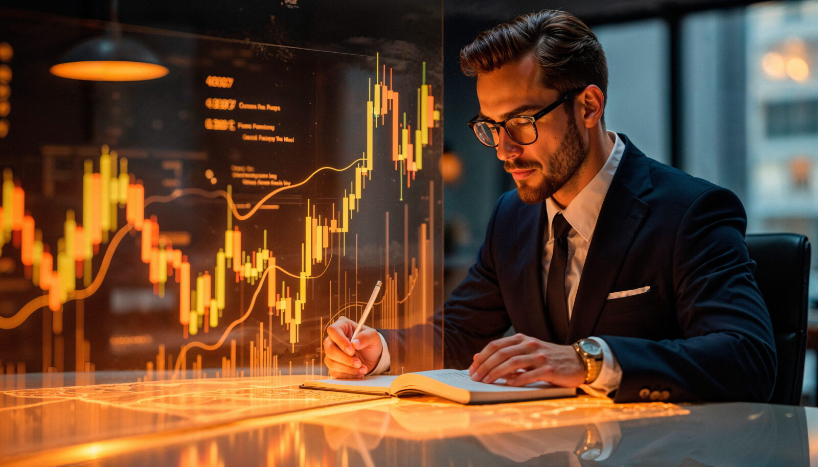 Businessman in a dark suit and glasses writes in a notebook as glowing stock charts appear on a transparent screen.
