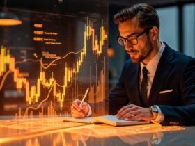 Businessman in a dark suit and glasses writes in a notebook as glowing stock charts appear on a transparent screen.