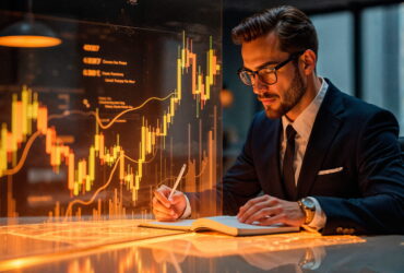 Businessman in a dark suit and glasses writes in a notebook as glowing stock charts appear on a transparent screen.