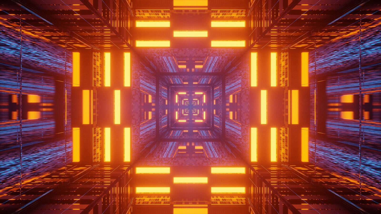 Abstract neon tunnel with orange and blue lights forming a repeating square pattern receding into the distance.