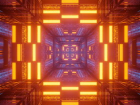 Abstract neon tunnel with orange and blue lights forming a repeating square pattern receding into the distance.
