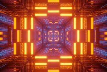 Abstract neon tunnel with orange and blue lights forming a repeating square pattern receding into the distance.