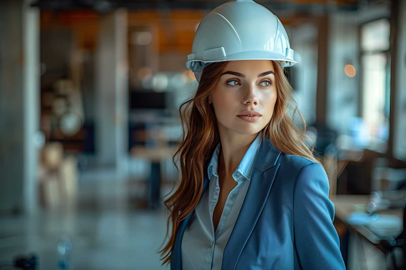 Woman in a blue blazer and white hard hat looking to the right in a modern, blurred office/industrial interior.