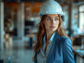 Woman in a blue blazer and white hard hat looking to the right in a modern, blurred office/industrial interior.