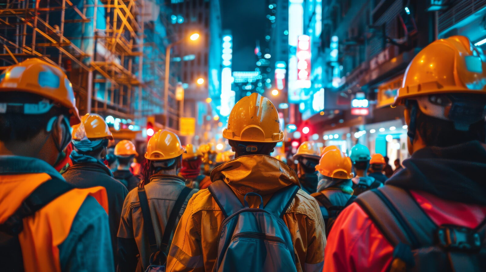 Construction workers in yellow hard hats and reflective vests stand together in a neon-lit city street at night.