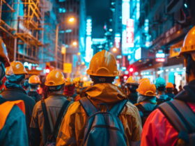 Construction workers in yellow hard hats and reflective vests stand together in a neon-lit city street at night.