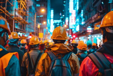 Construction workers in yellow hard hats and reflective vests stand together in a neon-lit city street at night.
