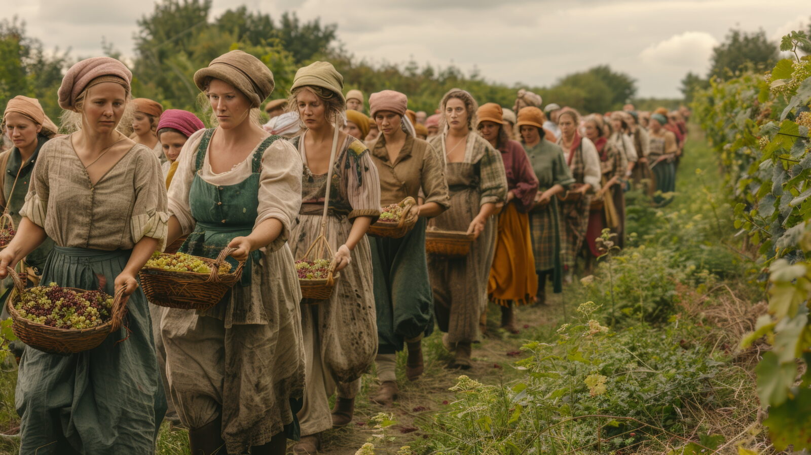 Line of women in vintage dresses and headscarves walking along a path, each carrying a wicker basket of grapes.