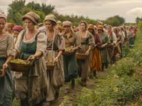 Line of women in vintage dresses and headscarves walking along a path, each carrying a wicker basket of grapes.