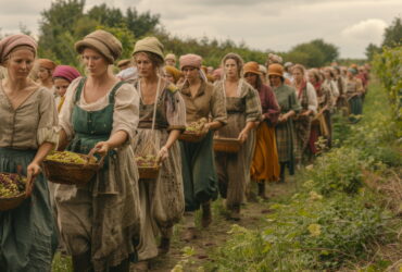 Line of women in vintage dresses and headscarves walking along a path, each carrying a wicker basket of grapes.
