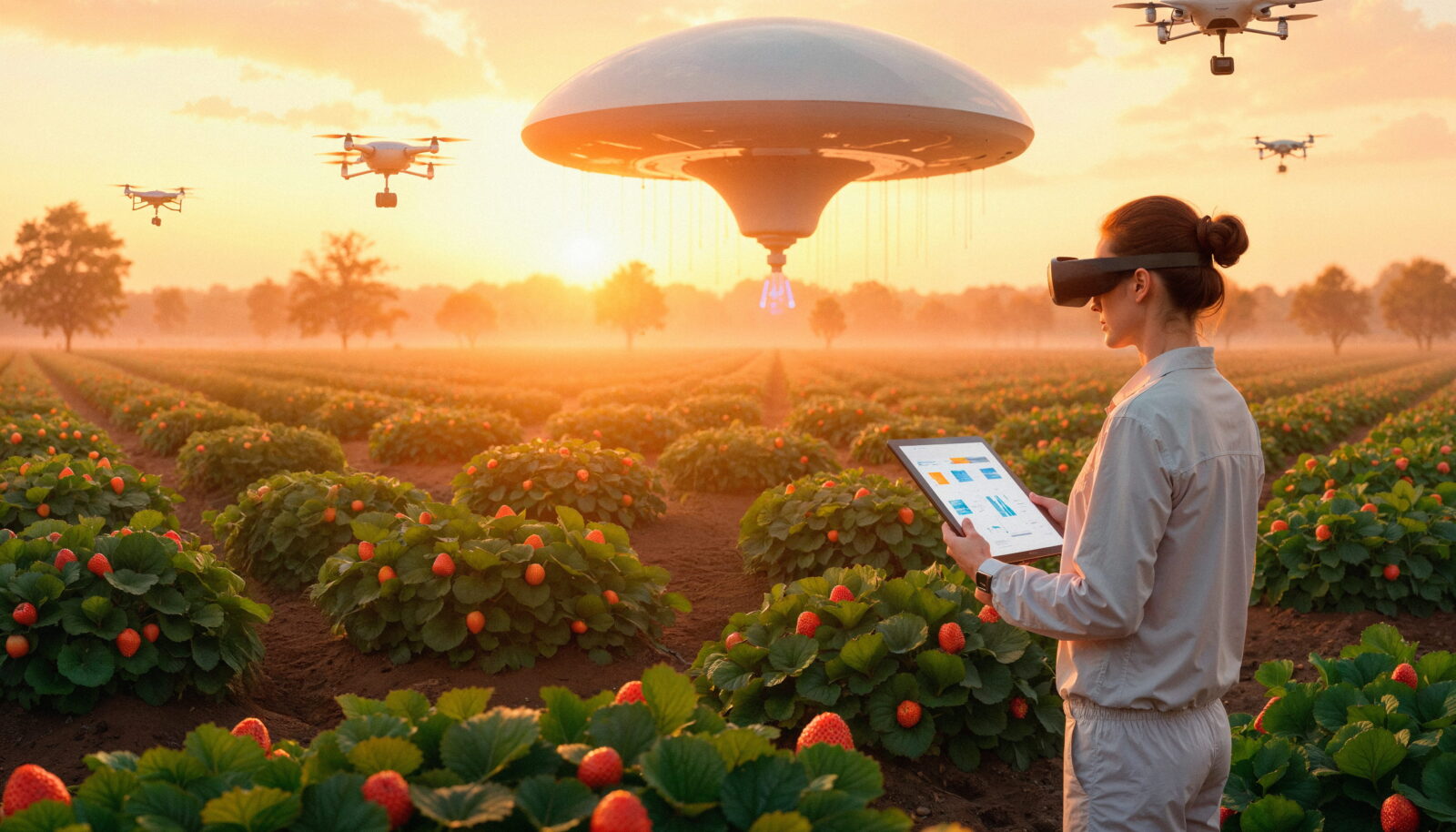 Person wearing a VR headset holds a tablet in a strawberry field at sunset with drones flying overhead.