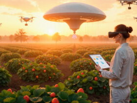 Person wearing a VR headset holds a tablet in a strawberry field at sunset with drones flying overhead.