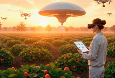 Person wearing a VR headset holds a tablet in a strawberry field at sunset with drones flying overhead.