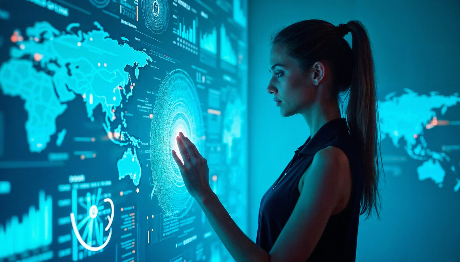 Woman touching a large holographic data dashboard with a world map and circular charts in a blue glow.