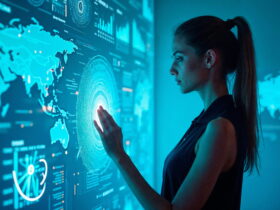 Woman touching a large holographic data dashboard with a world map and circular charts in a blue glow.