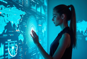 Woman touching a large holographic data dashboard with a world map and circular charts in a blue glow.