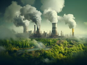 Industrial power plant with tall smokestacks releasing thick white smoke over a forested landscape.
