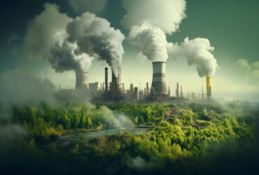 Industrial power plant with tall smokestacks releasing thick white smoke over a forested landscape.