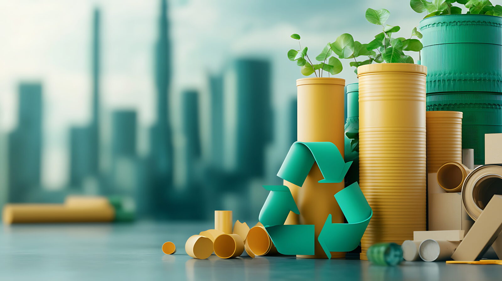 Stack of yellow recycling bins and teal plastic ribbons with green plant sprouts, set against a blurred cityscape (sustainability theme).