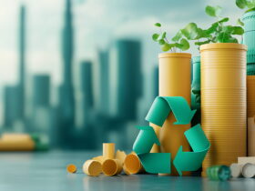 Stack of yellow recycling bins and teal plastic ribbons with green plant sprouts, set against a blurred cityscape (sustainability theme).