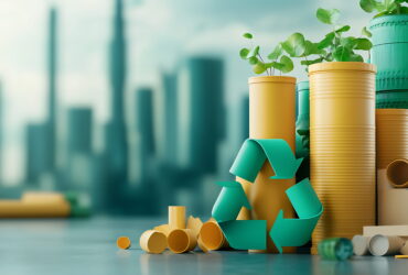 Stack of yellow recycling bins and teal plastic ribbons with green plant sprouts, set against a blurred cityscape (sustainability theme).