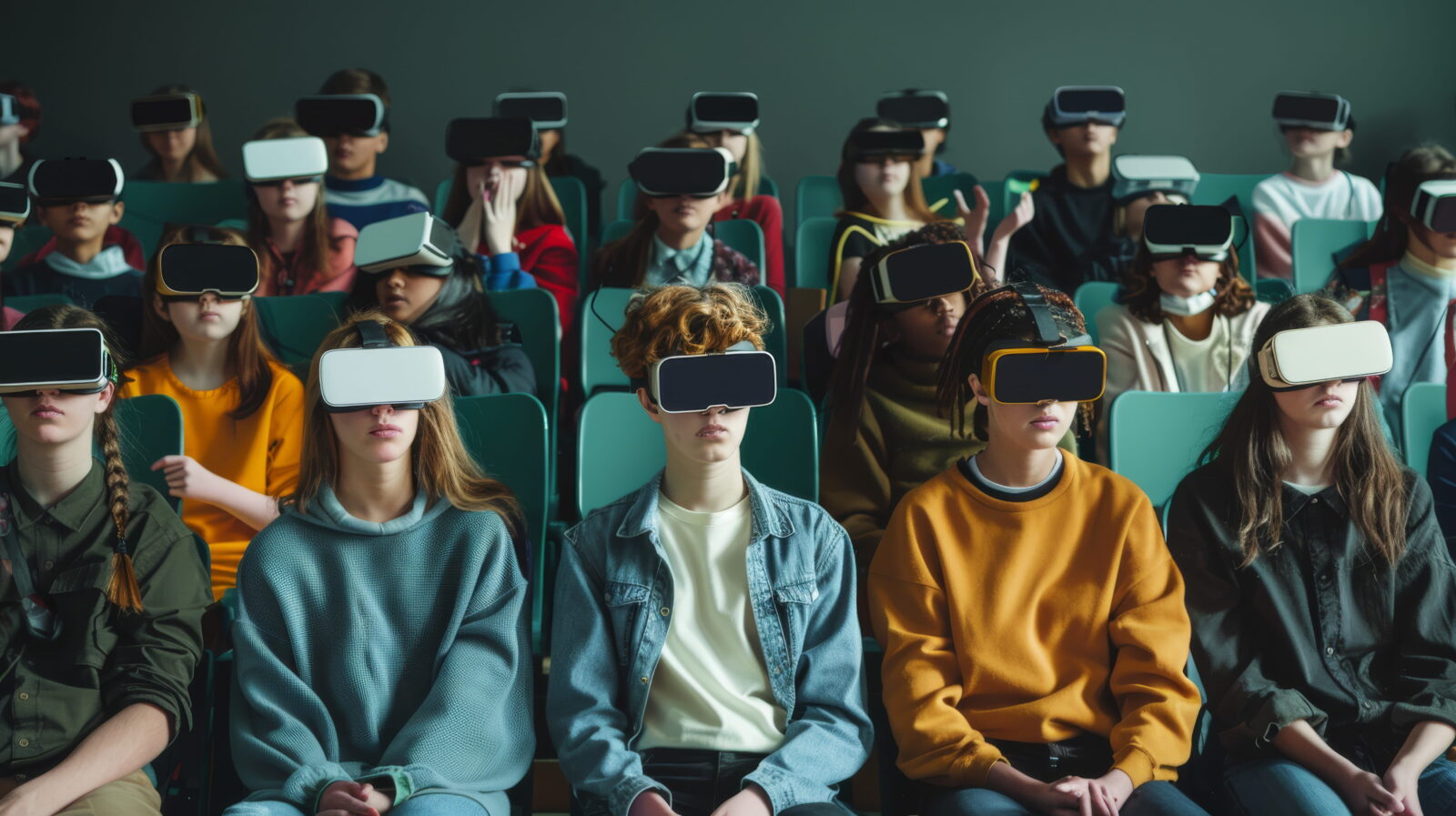 Students seated in a classroom wearing virtual reality headsets, engaged in a VR learning activity.