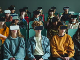 Students seated in a classroom wearing virtual reality headsets, engaged in a VR learning activity.
