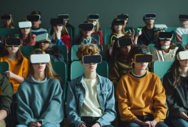 Students seated in a classroom wearing virtual reality headsets, engaged in a VR learning activity.