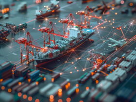 Futuristic container port scene with red cranes, stacked cargo, ships, and glowing network lines connecting the area.
