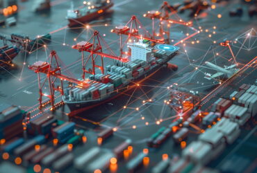 Futuristic container port scene with red cranes, stacked cargo, ships, and glowing network lines connecting the area.