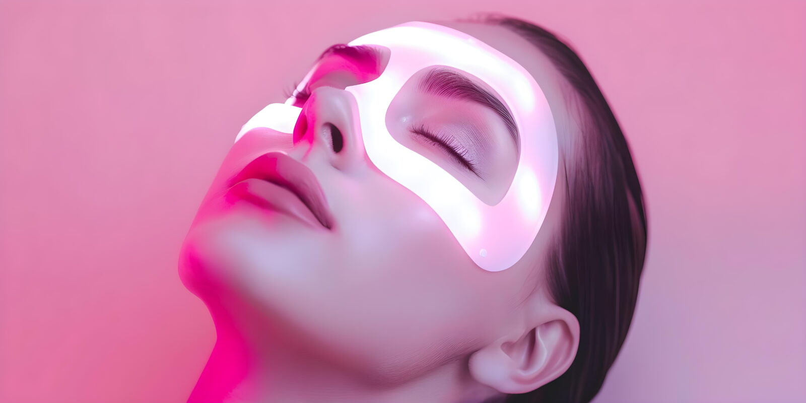 Person wearing a glowing pink LED facial mask with eyes closed, skin lit pink.