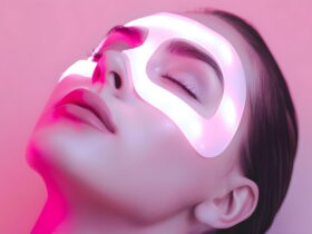 Person wearing a glowing pink LED facial mask with eyes closed, skin lit pink.