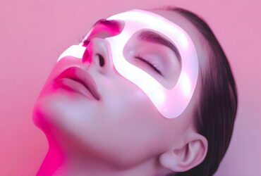 Person wearing a glowing pink LED facial mask with eyes closed, skin lit pink.