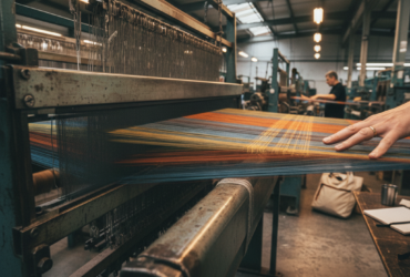 Weaving loom in a textile workshop; colorful threads stretch across the loom as a hand guides the fabric.