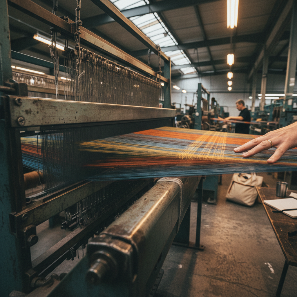 Weaving loom in a textile workshop; colorful threads stretch across the loom as a hand guides the fabric.