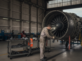 Technician in coveralls inspects a jet engine during maintenance in a hangar with a tool cart nearby.
