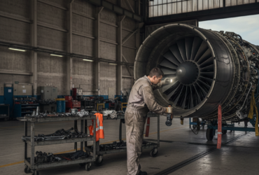 Technician in coveralls inspects a jet engine during maintenance in a hangar with a tool cart nearby.