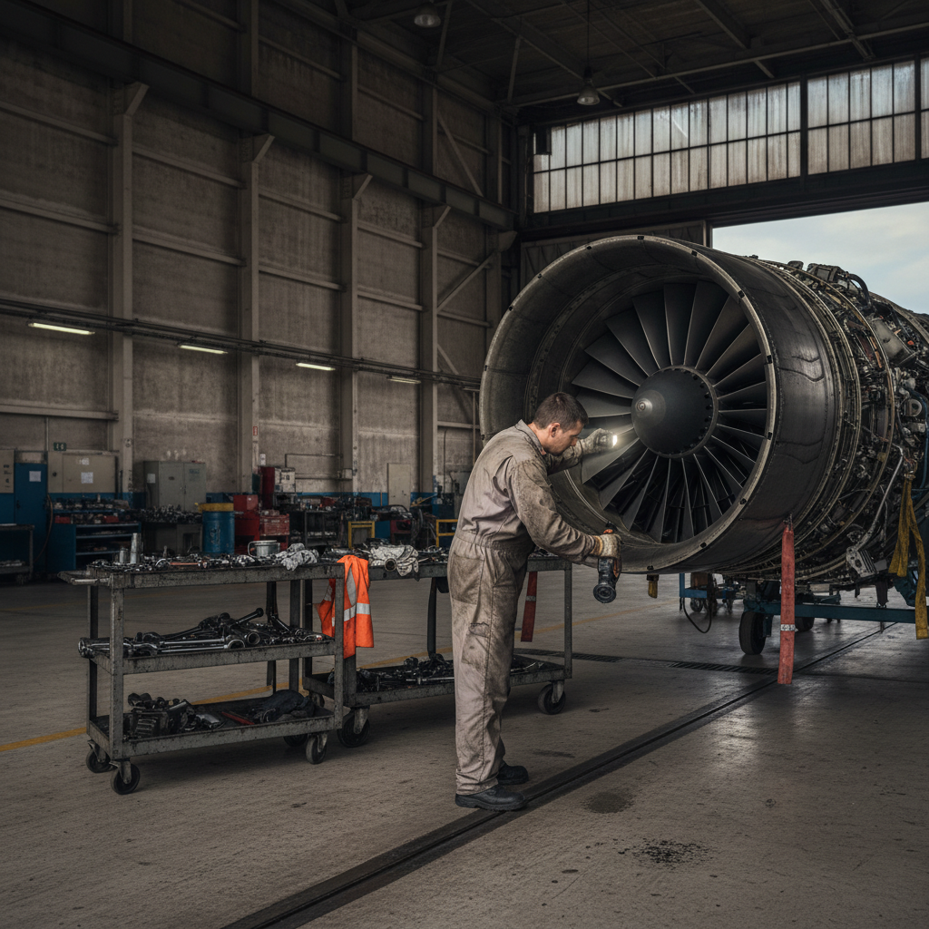 Technician in coveralls inspects a jet engine during maintenance in a hangar with a tool cart nearby.